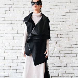 New Asymmetric Black Structured Vest Faux Leather